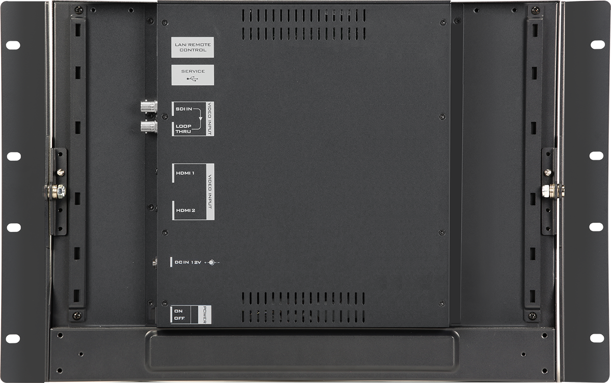 A Datavideo TLM-170LR hátlapja SDI bemenettel és továbbfűzött kimenettel, két HDMI-bemenettel és 12 V-os tápcsatlakozással