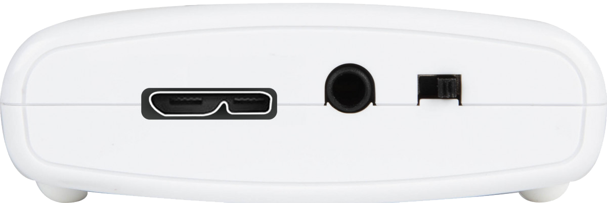 A Datavideo CAP-1 csatlakozóoldala USB-porttal, külső hangbemenettel és választókapcsolóval
