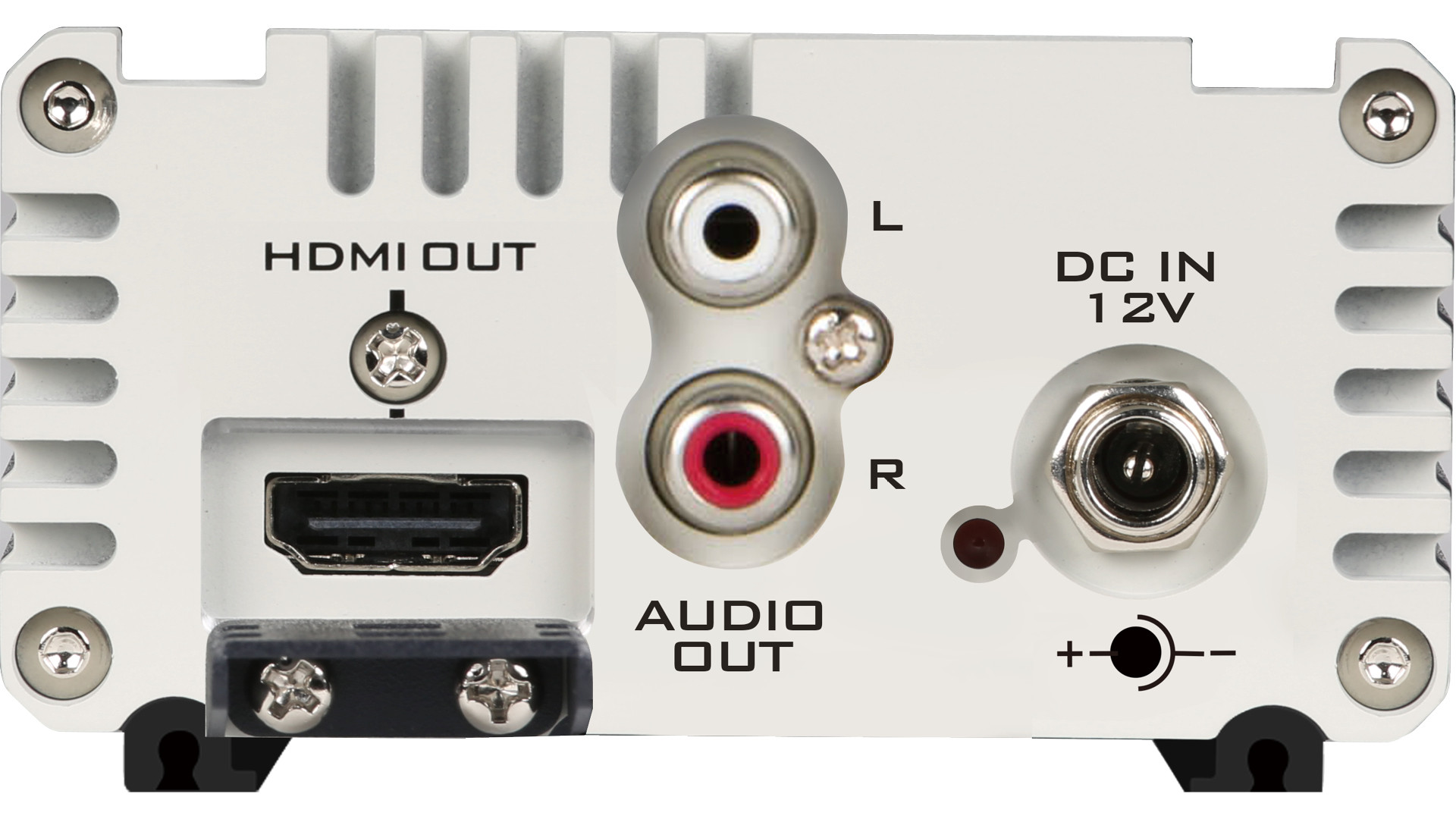HDMI-, sztereó RCA-audio- és 12 V-os tápcsatlakozók