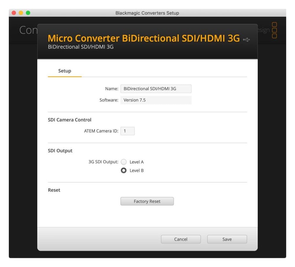 Micro Converter BiDirectional SDI/HDMI 3G – Beállítás a Blackmagic Converters Setup alkalmazásban