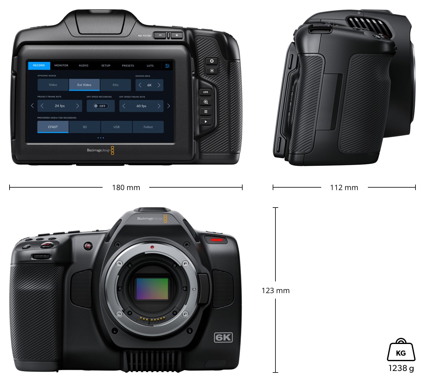 Blackmagic Pocket Cinema Camera 6K Pro – Méretek és tömeg
