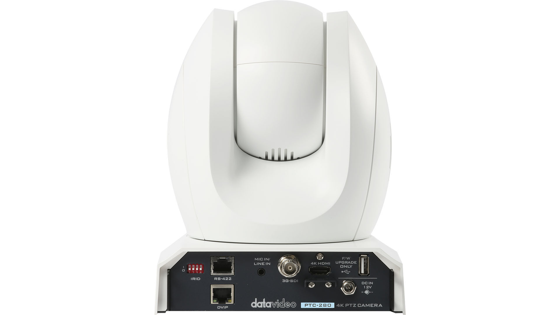 A Datavideo PTC-280W hátlapja 3G-SDI-, HDMI-, DVIP-, RS-422-csatlakozókkal és tápcsatlakozóval