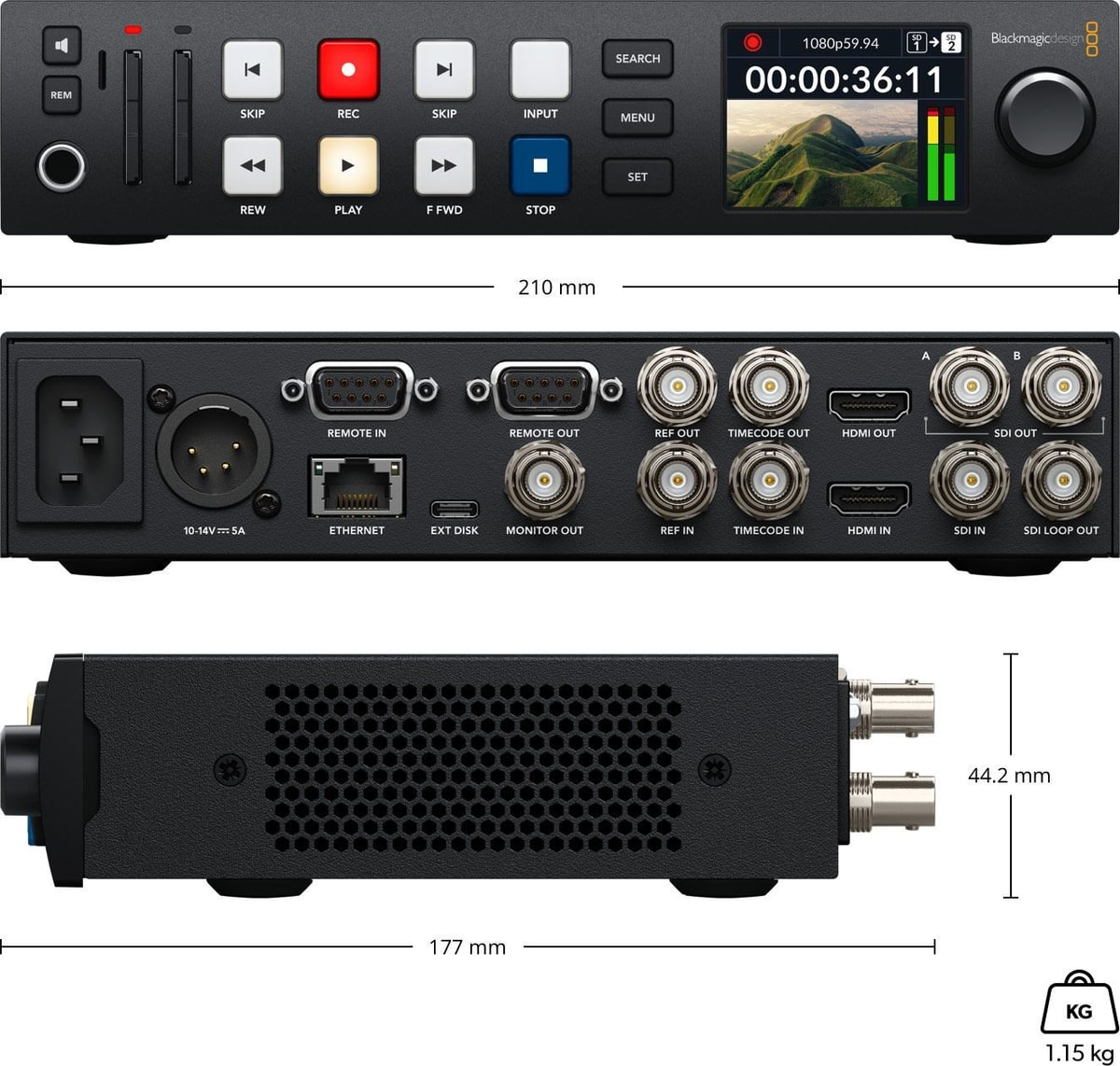 HyperDeck Studio HD Plus – Méretek és tömeg