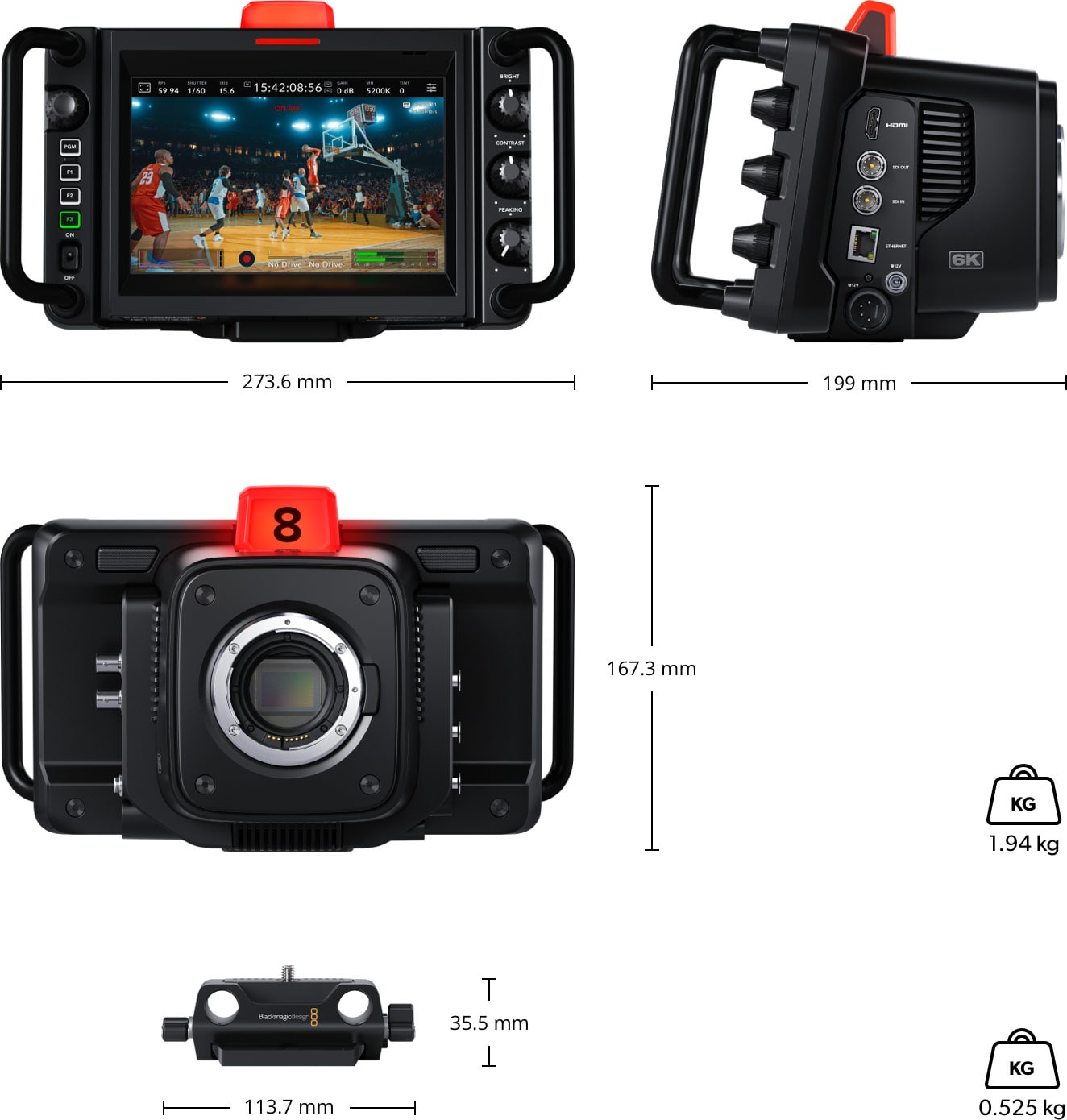 Blackmagic Design Studio Camera 6K Pro – Méretek és tömeg