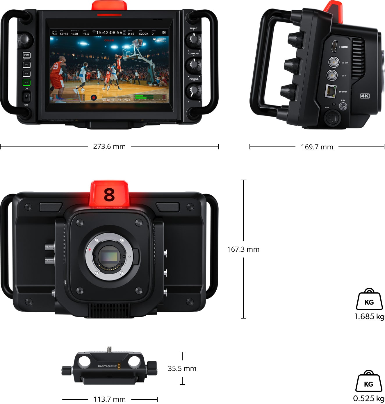 Blackmagic Design Studio Camera 4K Pro G2 – Méretek és tömeg