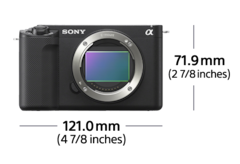 Camera front view with dimension Width 121.0mm (4 7/8 inches) and Height 71.9mm (2 7/8 inches)