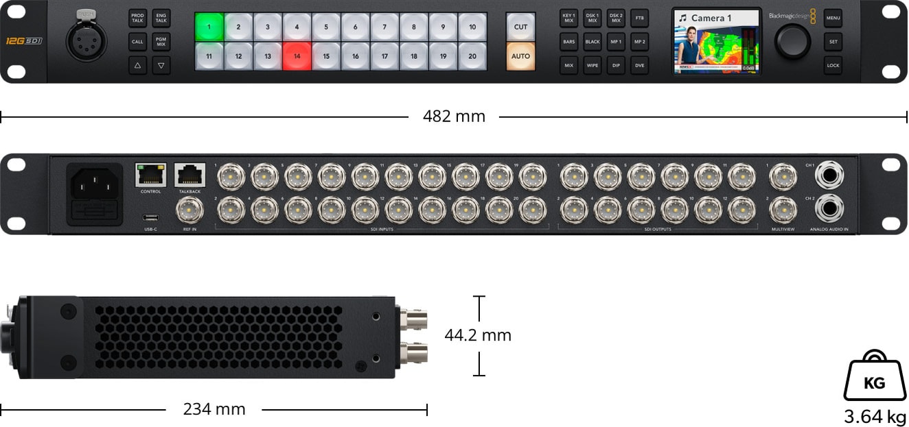 ATEM 2 M/E Constellation 4K – Méretek és tömeg