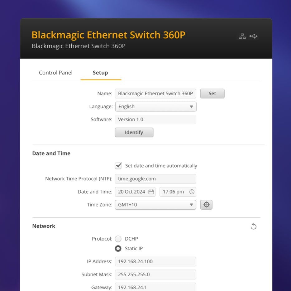 Blackmagic Ethernet Switch 360P – Szoftver beállításhoz és frissítéshez