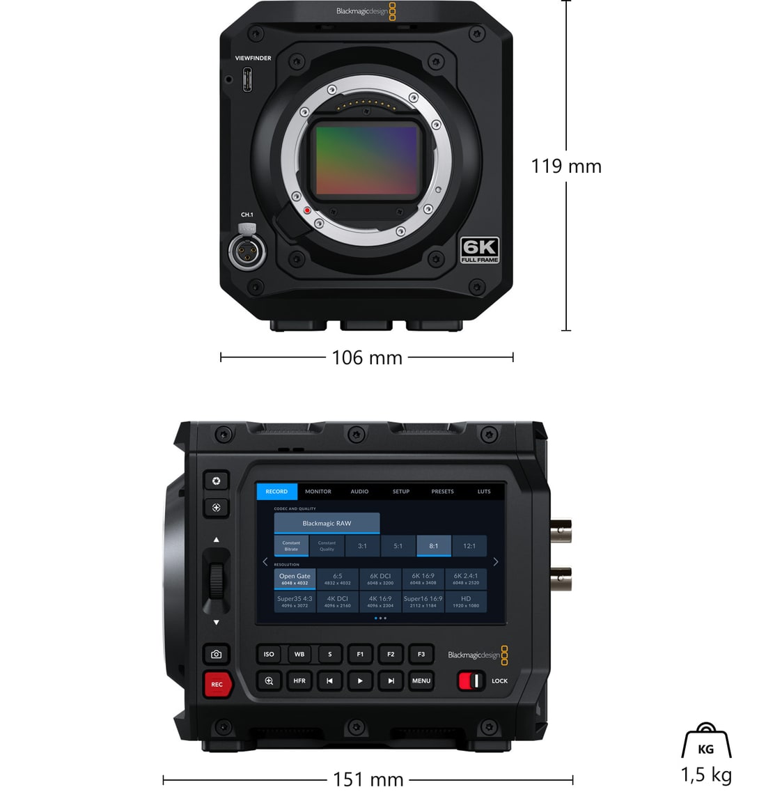 Blackmagic PYXIS 6K (L-Mount) – Méretek és tömeg