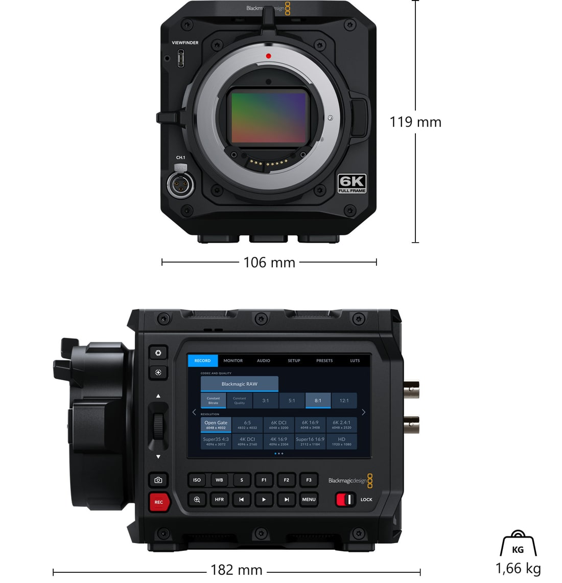 Blackmagic PYXIS 6K EF – Méretek és tömeg