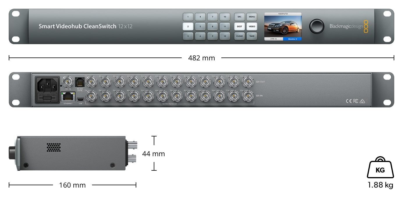Blackmagic Smart Videohub CleanSwitch 12x12 – Méretek és tömeg