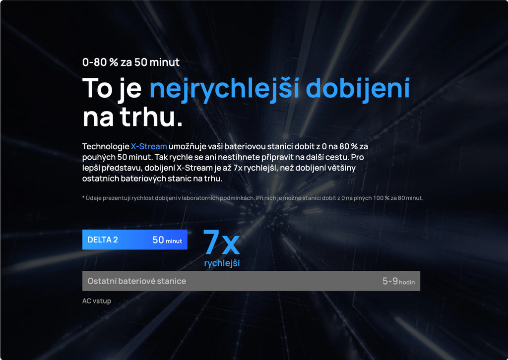 Nejrychlej&scaron;&iacute; dob&iacute;jen&iacute; na trhu. Technologie X-Stream umožňuje va&scaron;i bateriovou stanici dob&iacute;t z 0 na 80 % za pouh&yacute;ch 50 minut. Tak rychle se ani nestihnete připravit na dal&scaron;&iacute; cestu. Pro lep&scaron;&iacute; představu, dob&iacute;jen&iacute; X-Stream je až 7x rychlej&scaron;&iacute;, než dob&iacute;jen&iacute; vět&scaron;iny ostatn&iacute;ch bateriov&yacute;ch stanic na trhu.