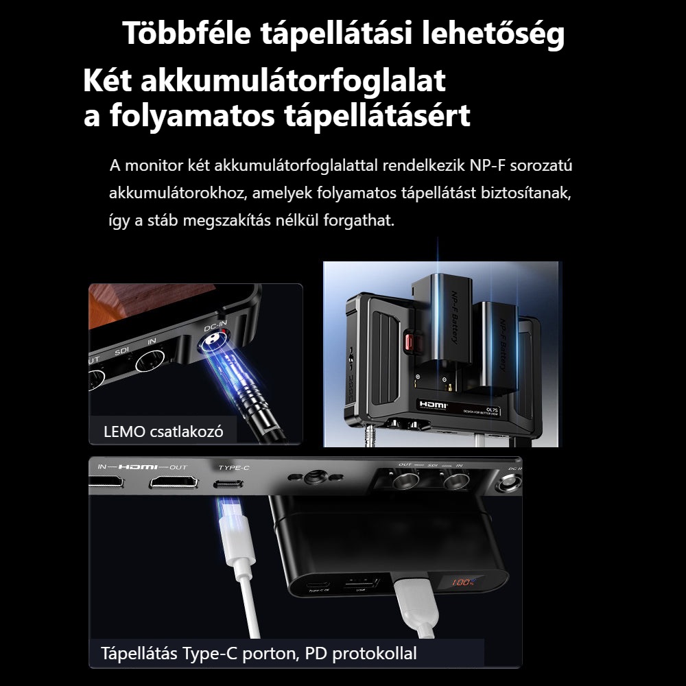 Desview OL7 – Tápellátás NP-F, LEMO vagy USB-C útján
