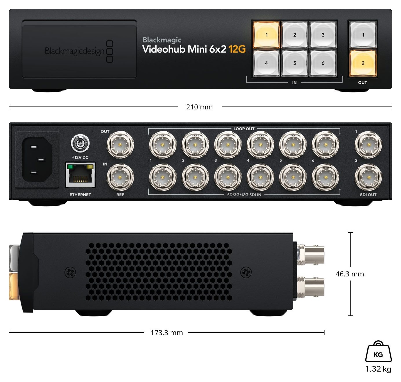 Blackmagic Videohub Mini 6x2 12G – Méretek és tömeg