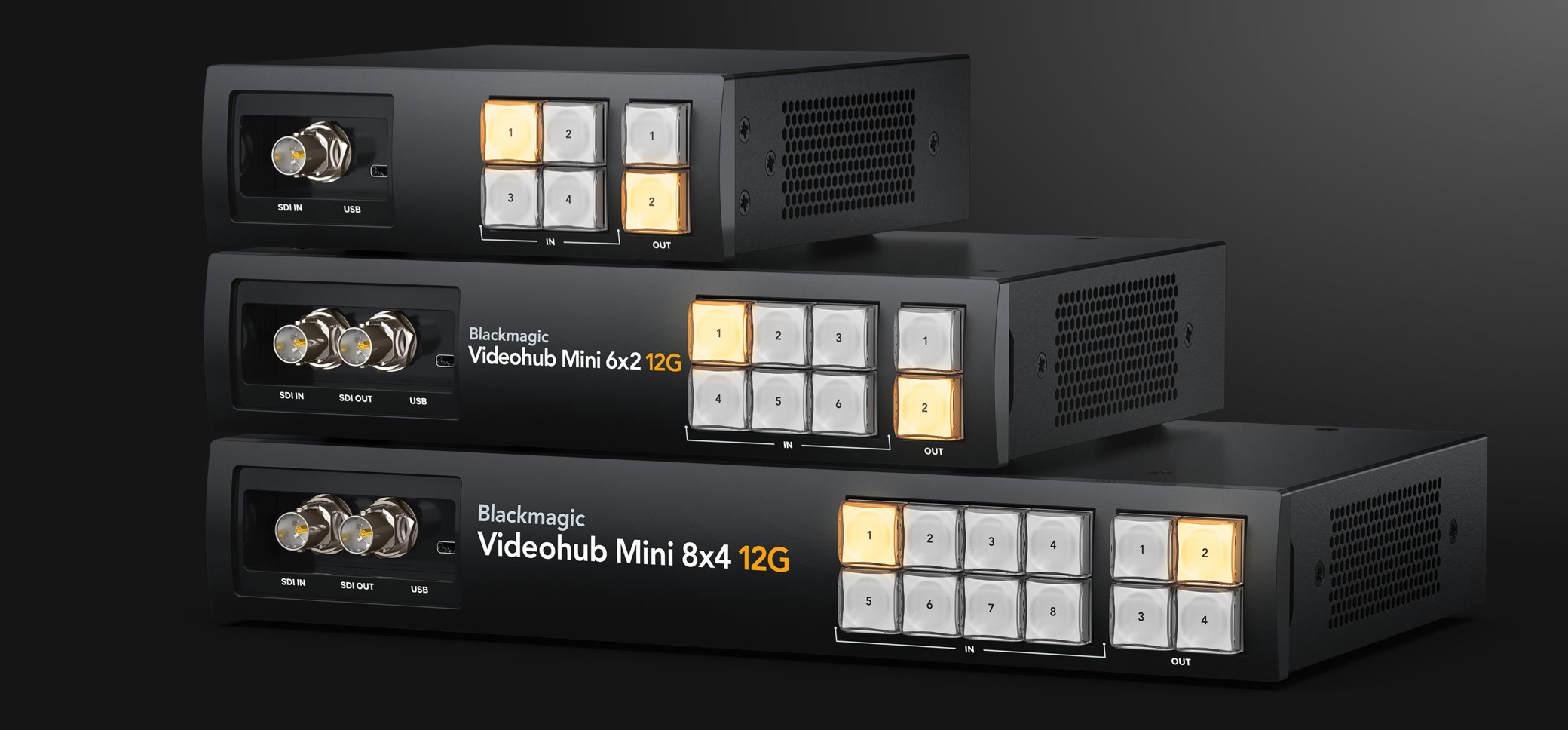 Blackmagic Videohub Mini termékcsalád – modellek és előlapi vezérlés