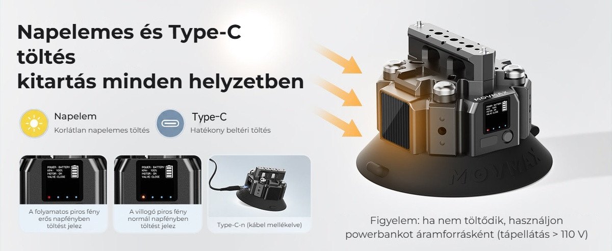 Töltés napfénnyel vagy USB-C-n