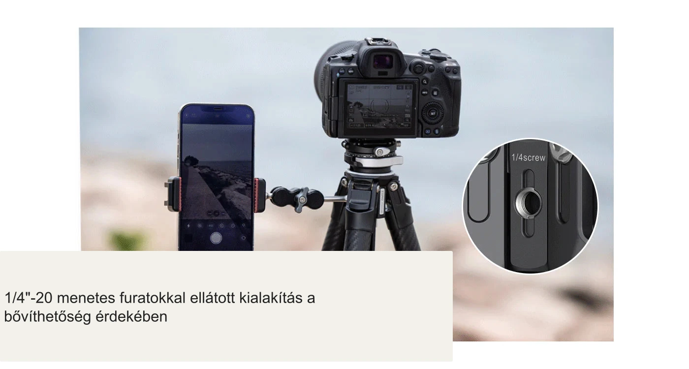 1/4"-20 menetes furatokkal ellátott kialakítás a bővíthetőség érdekében