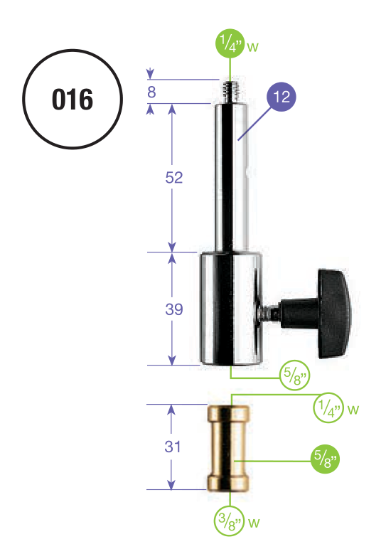 A Manfrotto 016 és a 119 betét gyártói méretrajza