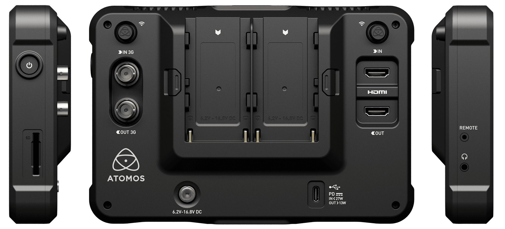 Atomos Shinobi 7 RX hátlapi csatlakozók és két NP-F foglalat