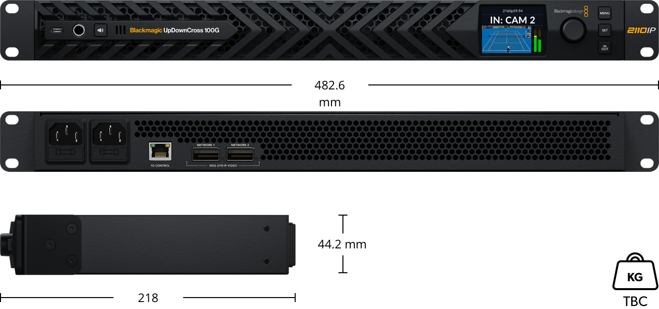 A Blackmagic UpDownCross 100G méretei és 1RU kivitele