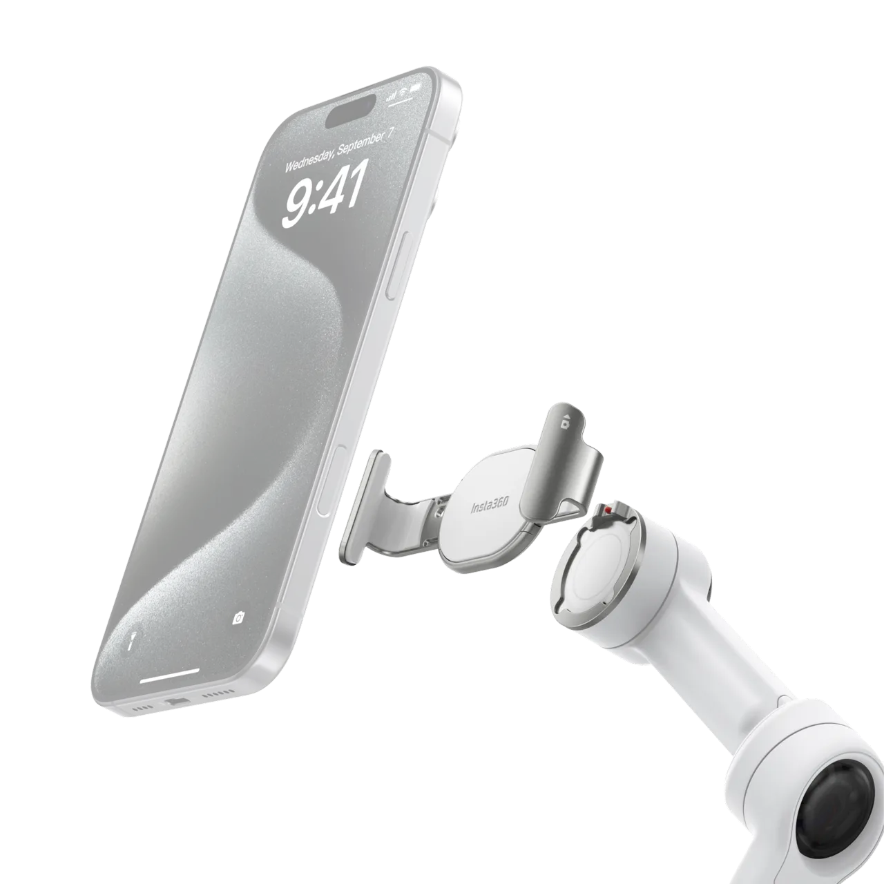 Telefon upevněný ve svorce Insta360 Flow 2 Pro a připojený ke gimbalu