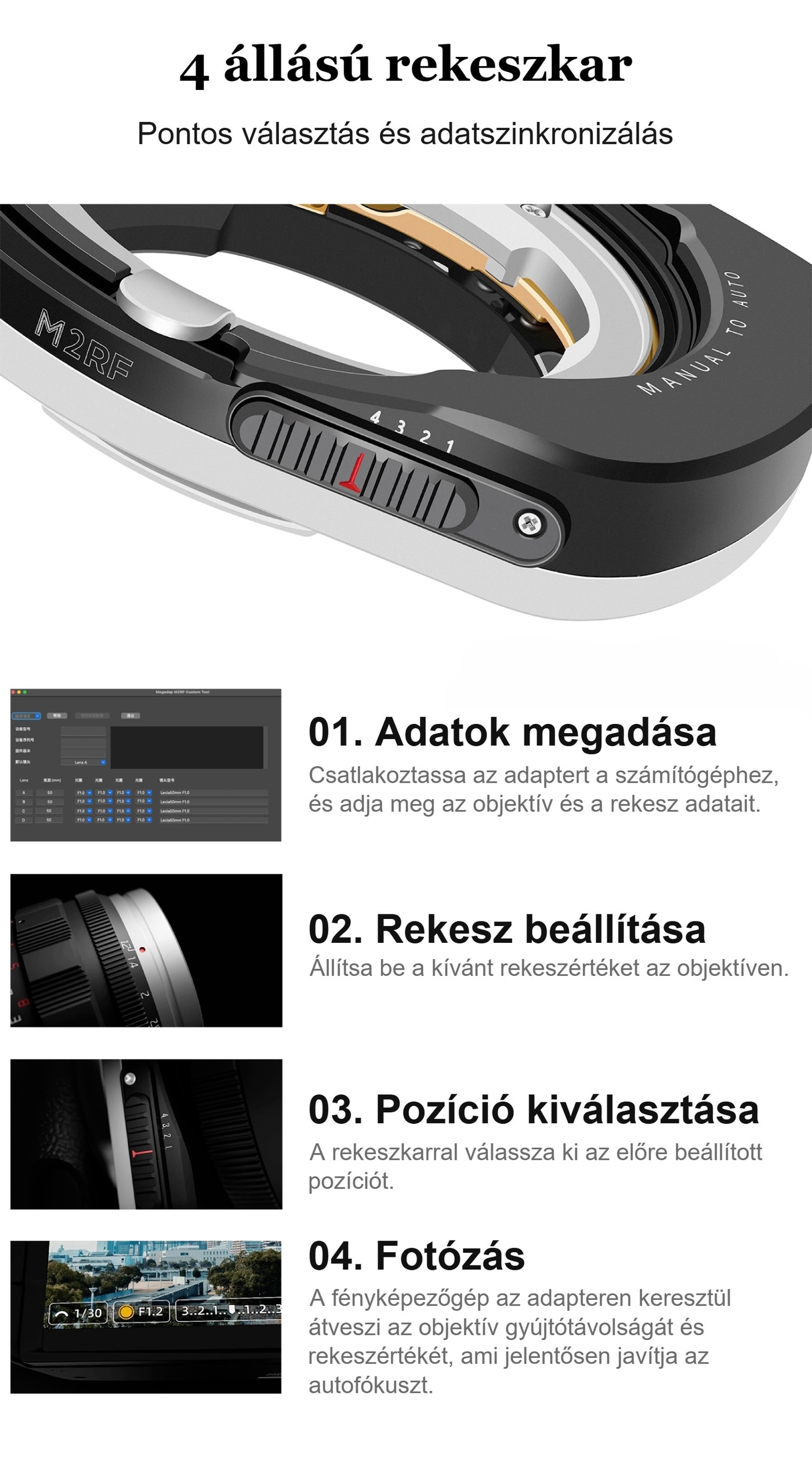 Megadap M2RF – A rekeszt az objektíven állítja, az adapter továbbítja a gépnek