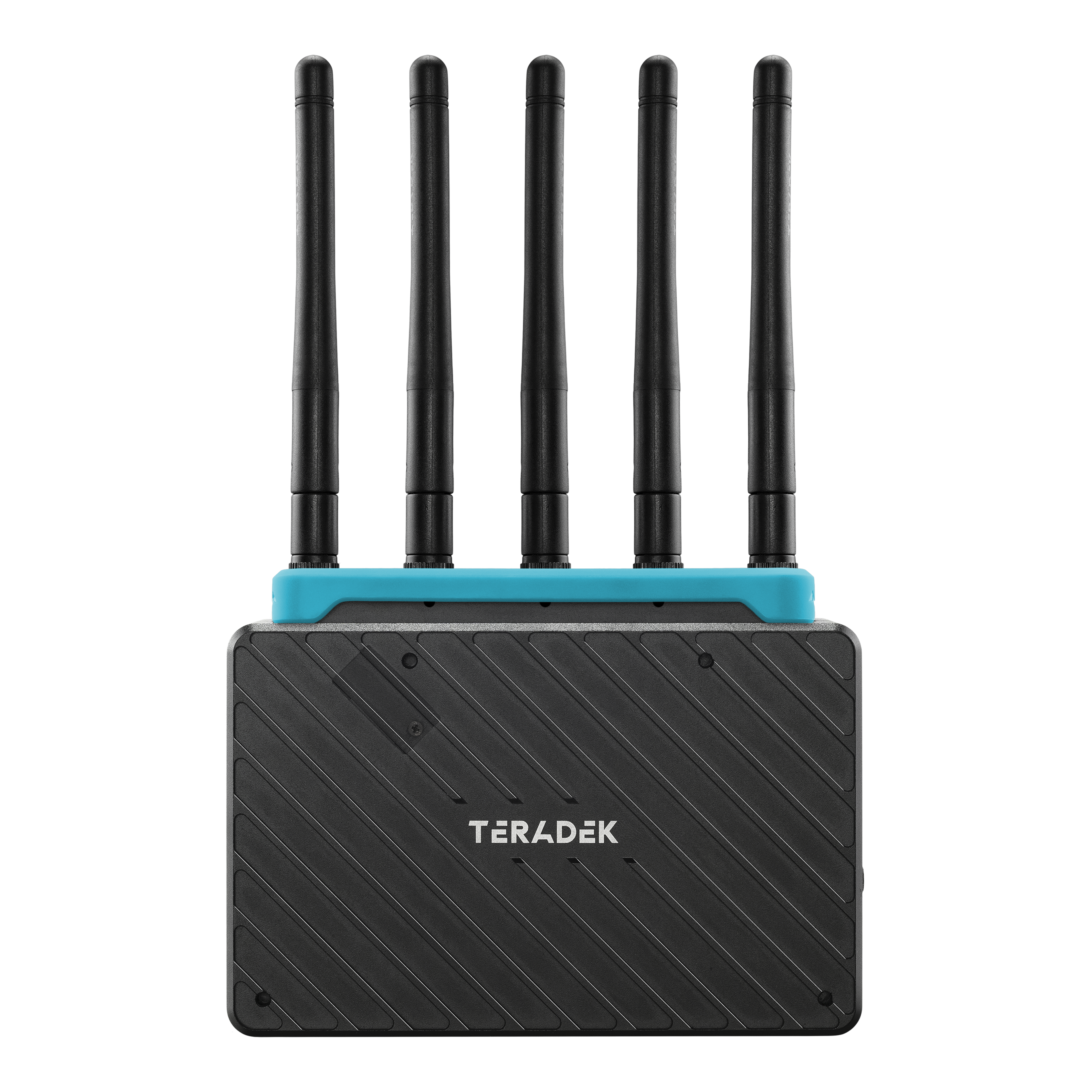 A Teradek 11-0977 türkiz színű szilikon szalagja a Bolt 6 LT RX vevőegységre felszerelve; a vevőegység nem része a csomagnak