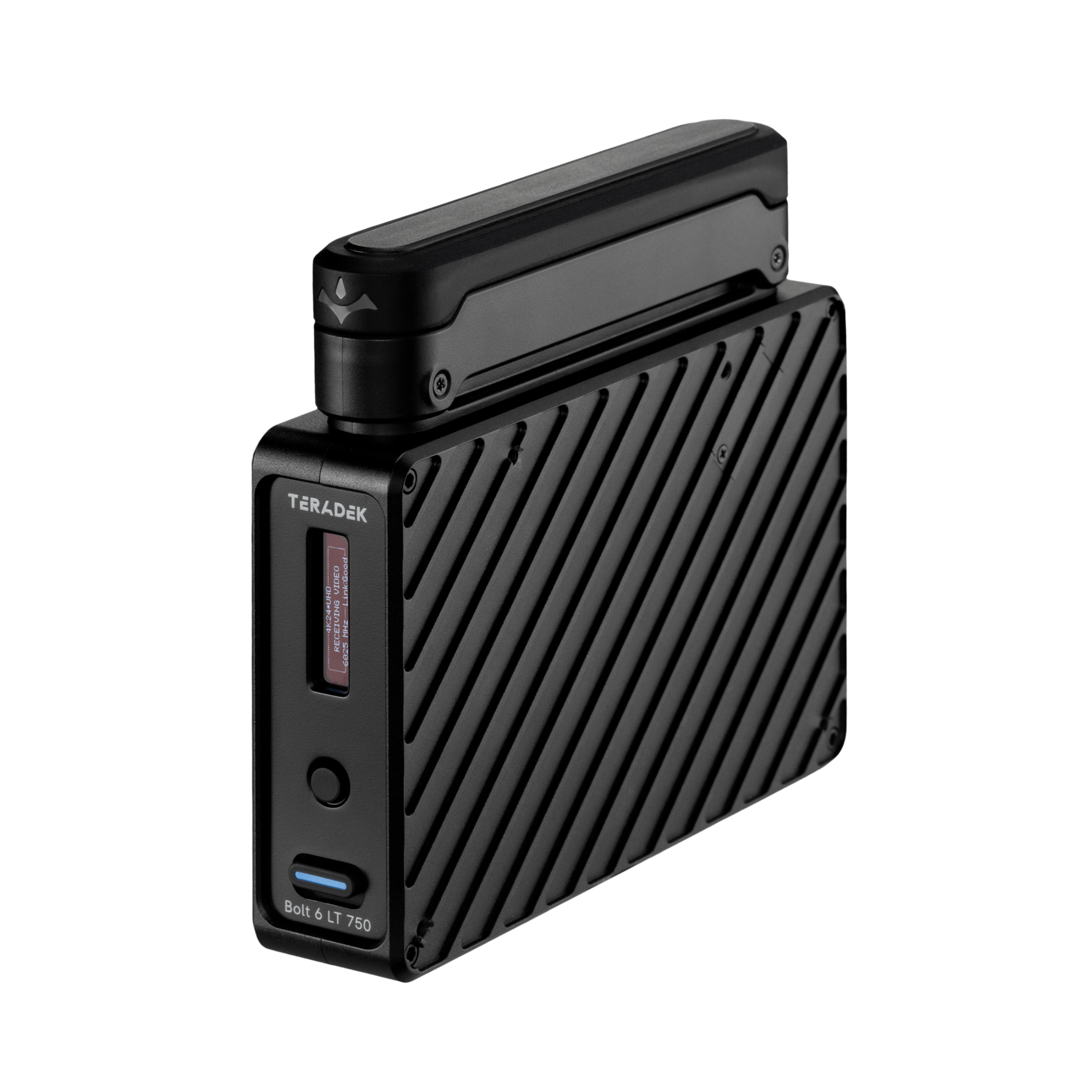 A Teradek Bolt 6 LT 750 RX hivatalos háromnegyedes elölnézete beépített antennákkal