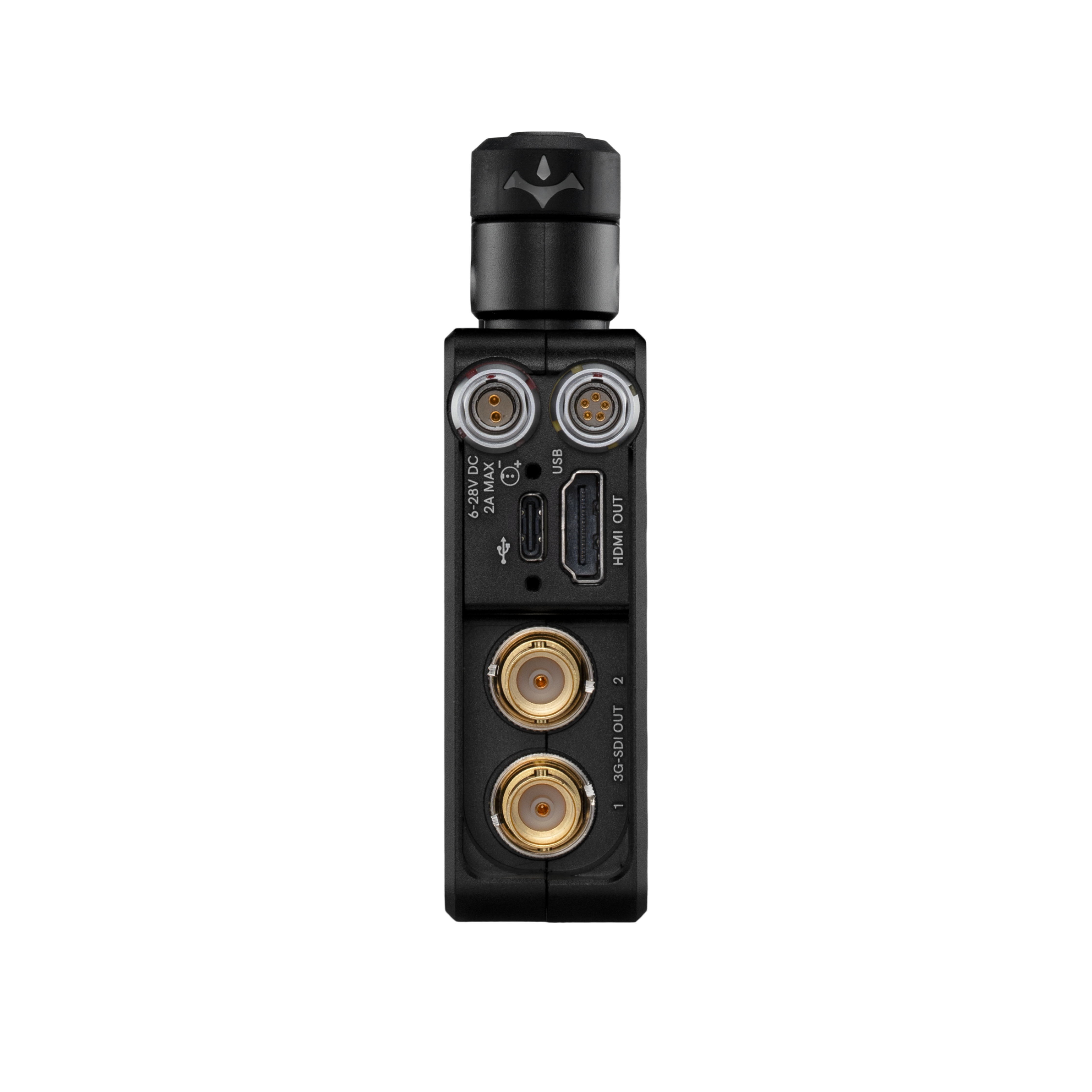 A Teradek Bolt 6 LT 750 RX oldalsó csatlakozópanele: két 3G-SDI OUT, HDMI OUT, USB és 6–28 V DC tápbemenet