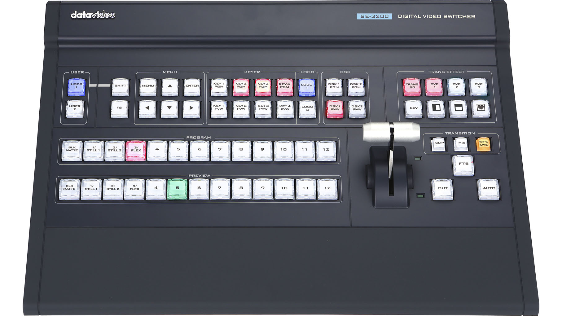 Datavideo SE-3200 vezérlőpanel program/preview gombokkal, keyerekkel és T-barral