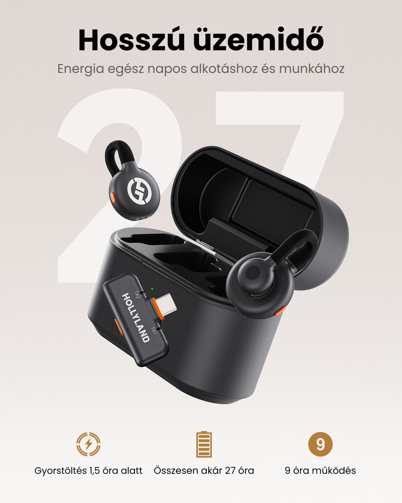 Hollyland LARK M2S Mobile töltőtok (Space Gray) – Üzemidő a tokkal