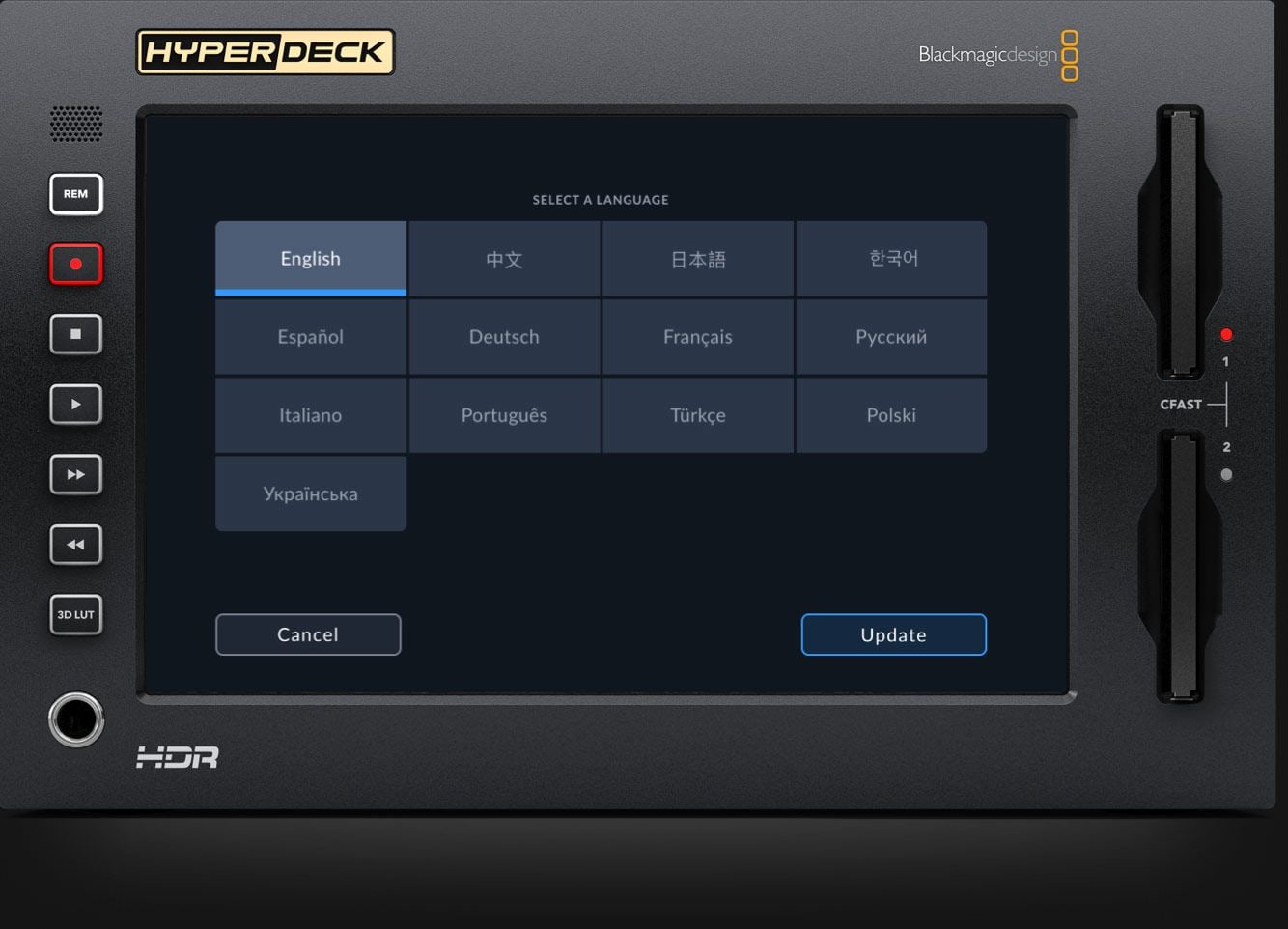 HyperDeck Extreme 8K HDR – Menük 13 nyelven