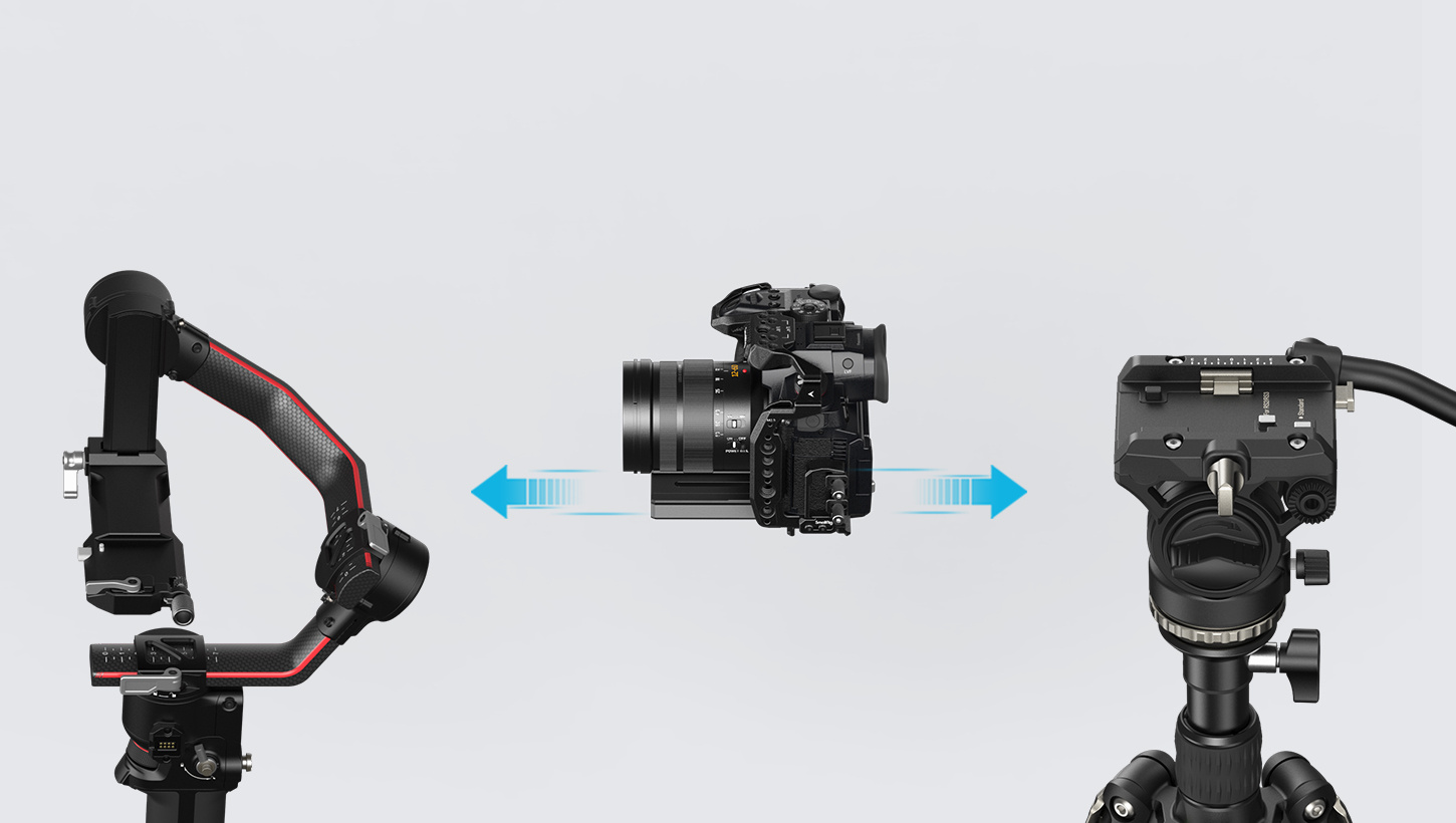 DJI RS 2 / RS 3 / RS 3 Pro és Manfrotto gyorscserélő lapokat is fogad, így átszerelés nélkül válthatsz gimbal és állvány között