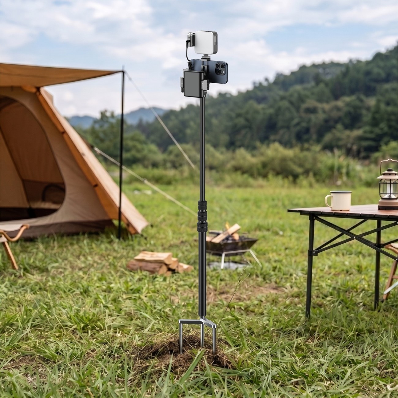 Monopod with Triple Ground Spikes and Phone Support with Cold Shoe Mount