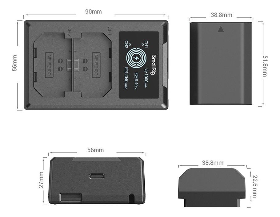 SmallRig NP-FZ100 Camera Battery and Charger Kit 3824B – Kompakt méretek