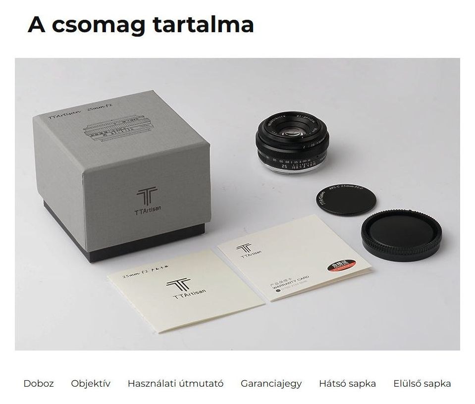 TTArtisan APS-C 25mm F2 – A doboz tartalma