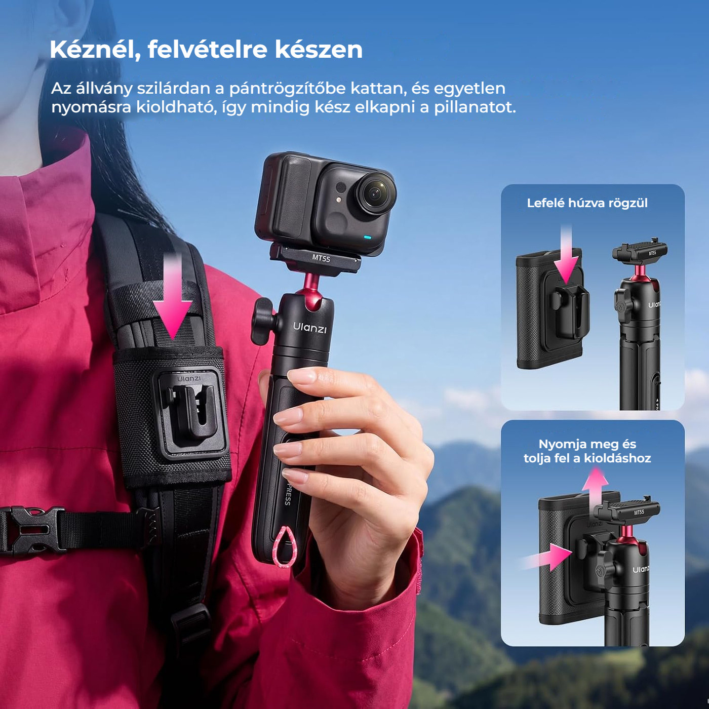 Ulanzi MT55 SnapGo ministativ a selfie tyč – Úchyt na popruh batohu