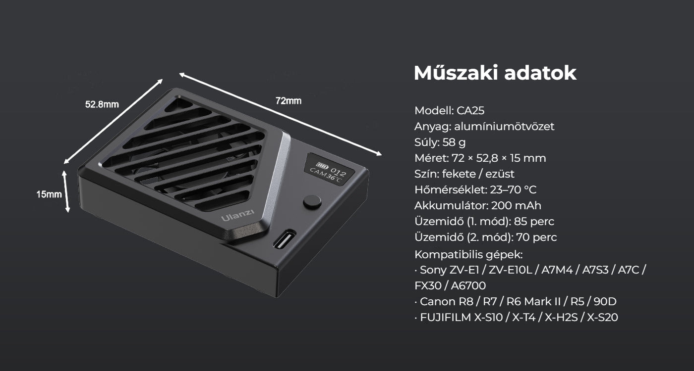 Ulanzi Camera Cooling Fan V3 stříbrný – Rozměry a kompatibilita