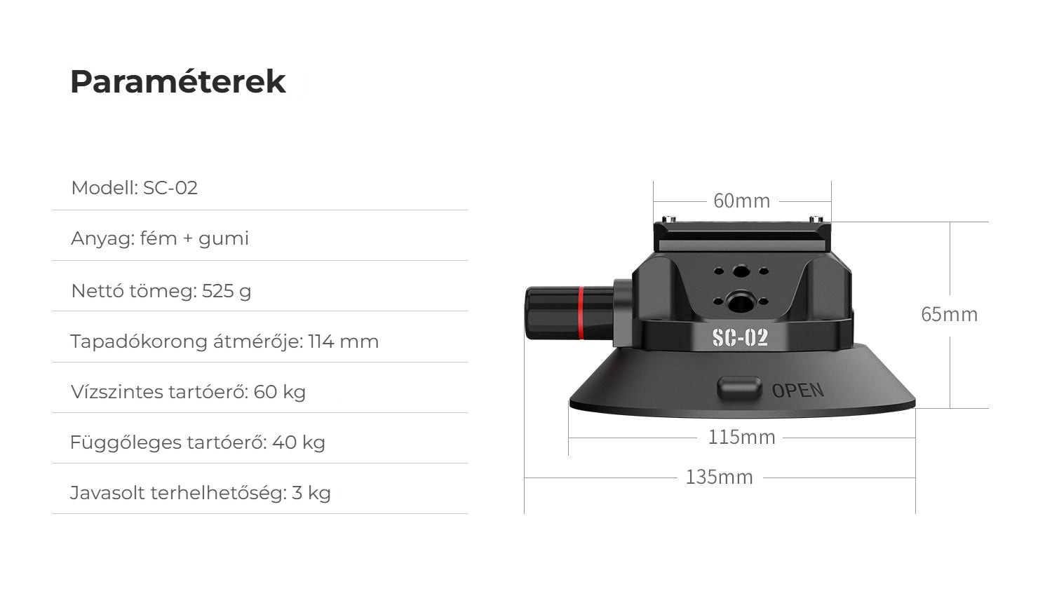 Ulanzi SC-02 vakuová přísavka 114 mm – Parametry